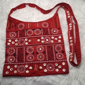 Gap Vintage Red Beaded Button Crossbody Bag Purse